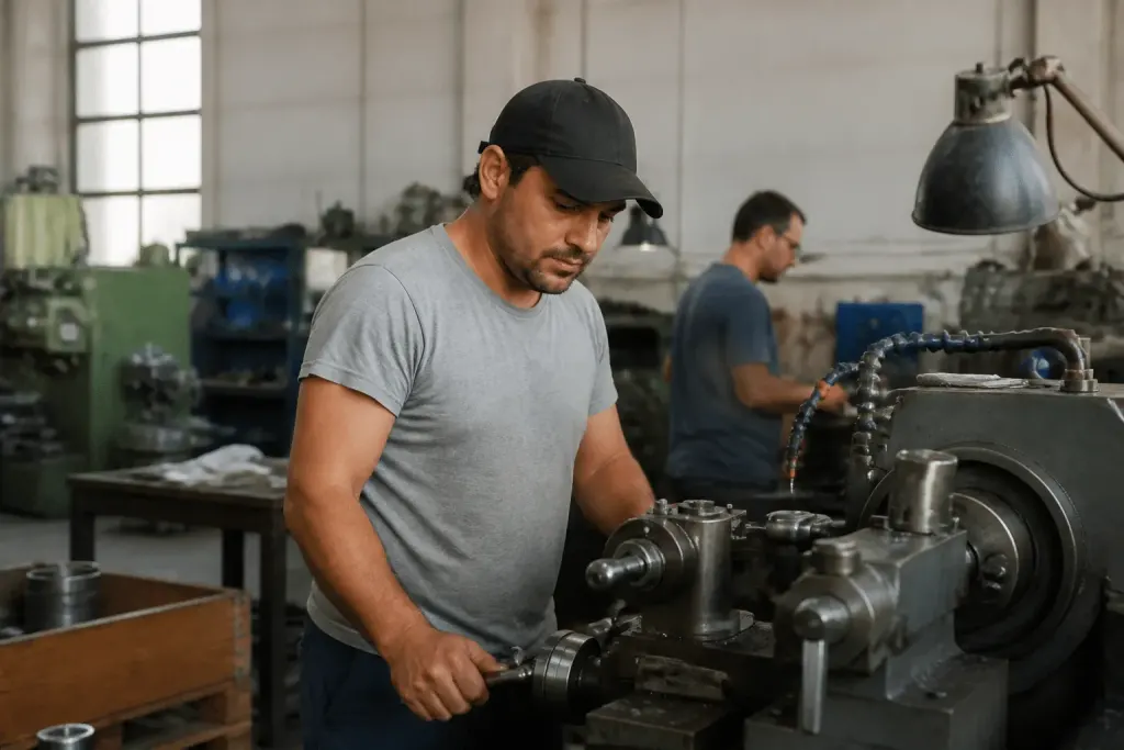 Ouvriers et employes dans atelier industriel d'Arles