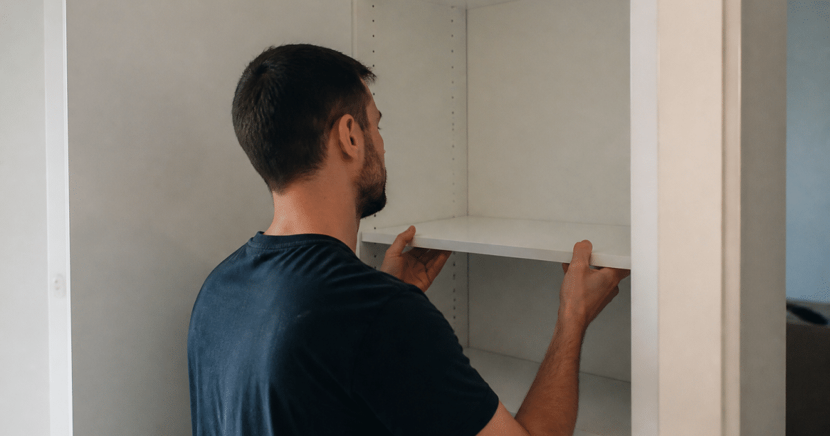 Mains installant etageres blanches dans placard ouvert vide