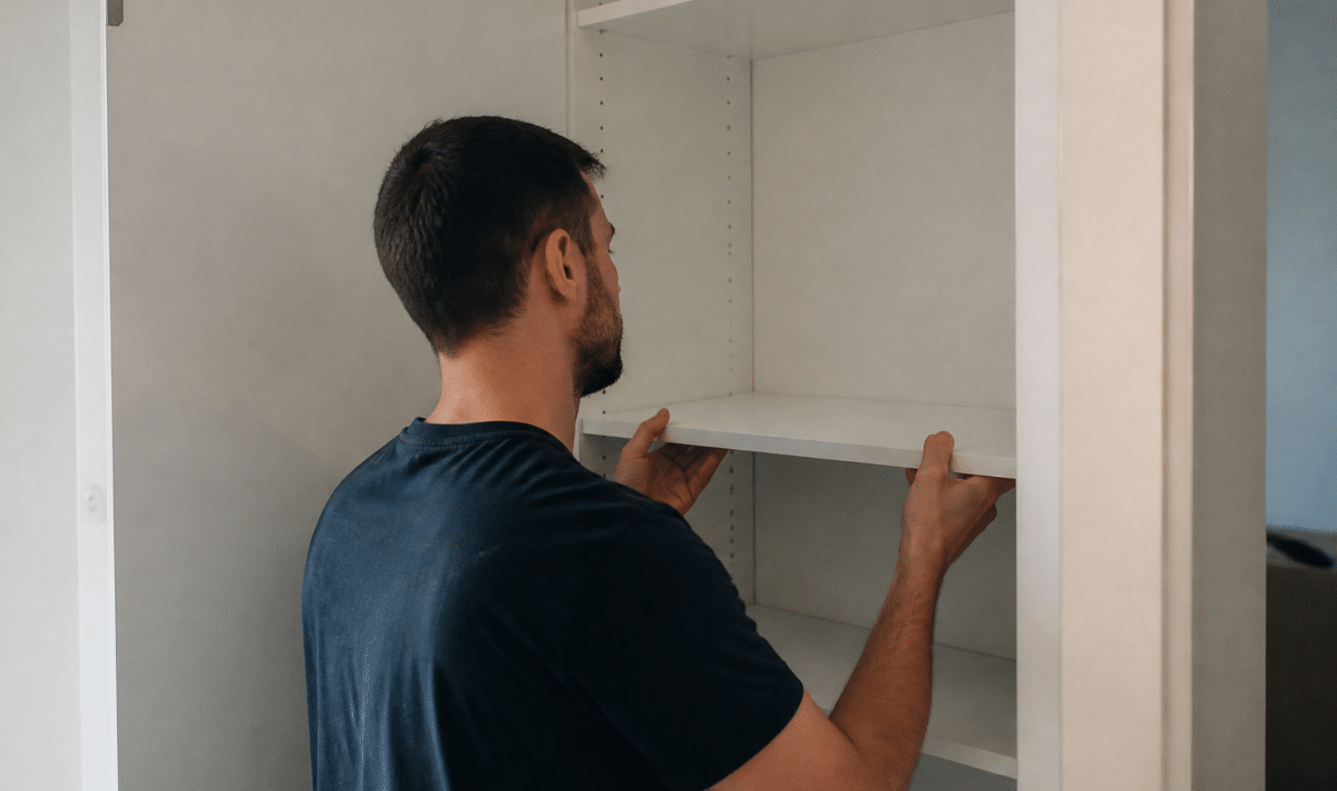 Mains installant etageres blanches dans placard ouvert vide