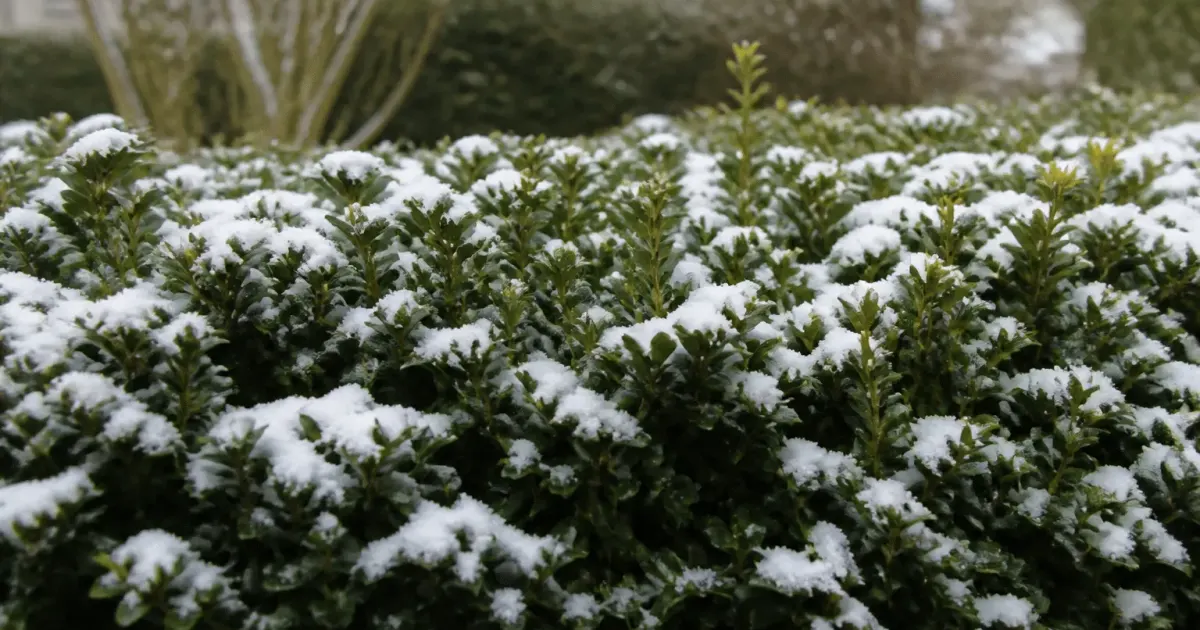 Feuillage vert dense arbuste droit supportant neige hivernale