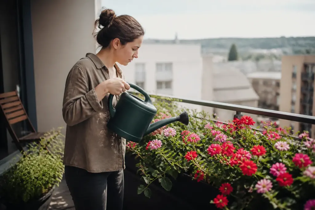 Arrosage quotidien de fleurs colorées sur balcon ensoleillé