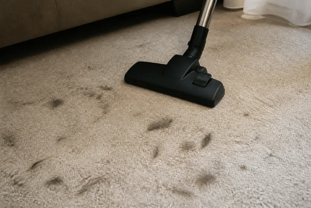 Aspirateur sur tapis beige avec poils d'animaux visibles