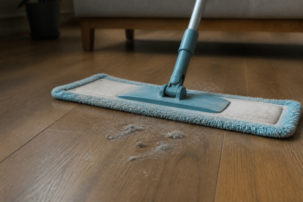 Balai microfibre nettoyant parquet bois, poussière visible
