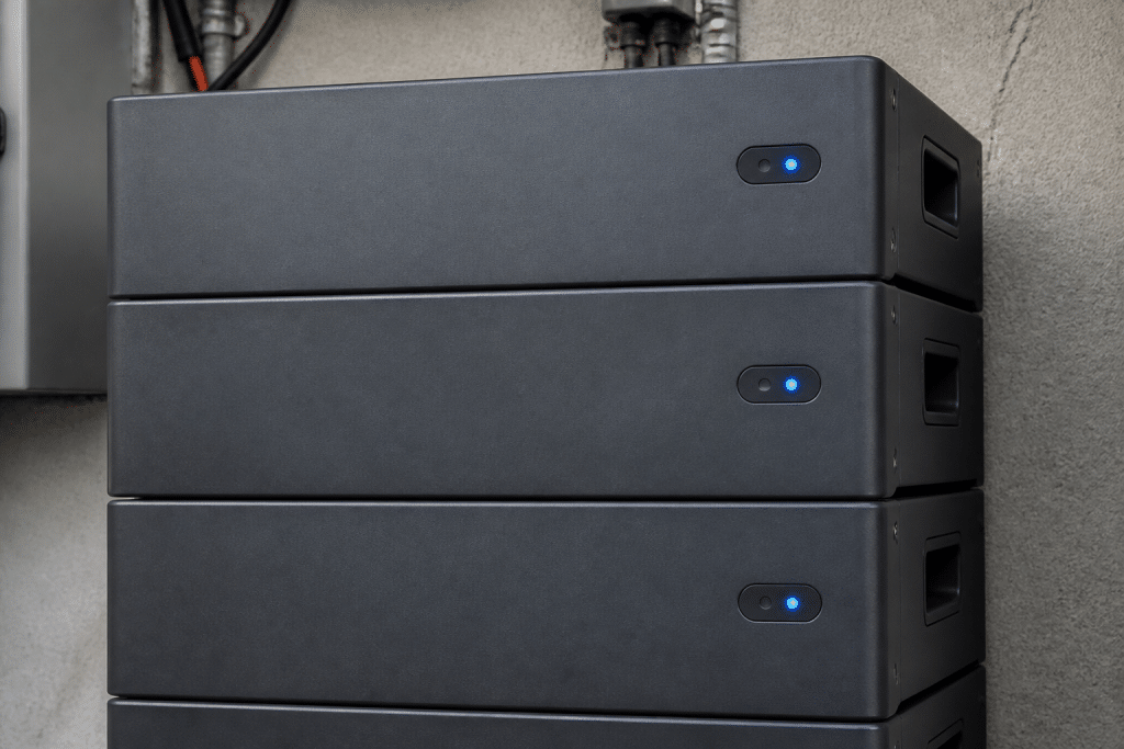 Modules batterie Enphase empiles avec voyants lumineux bleus