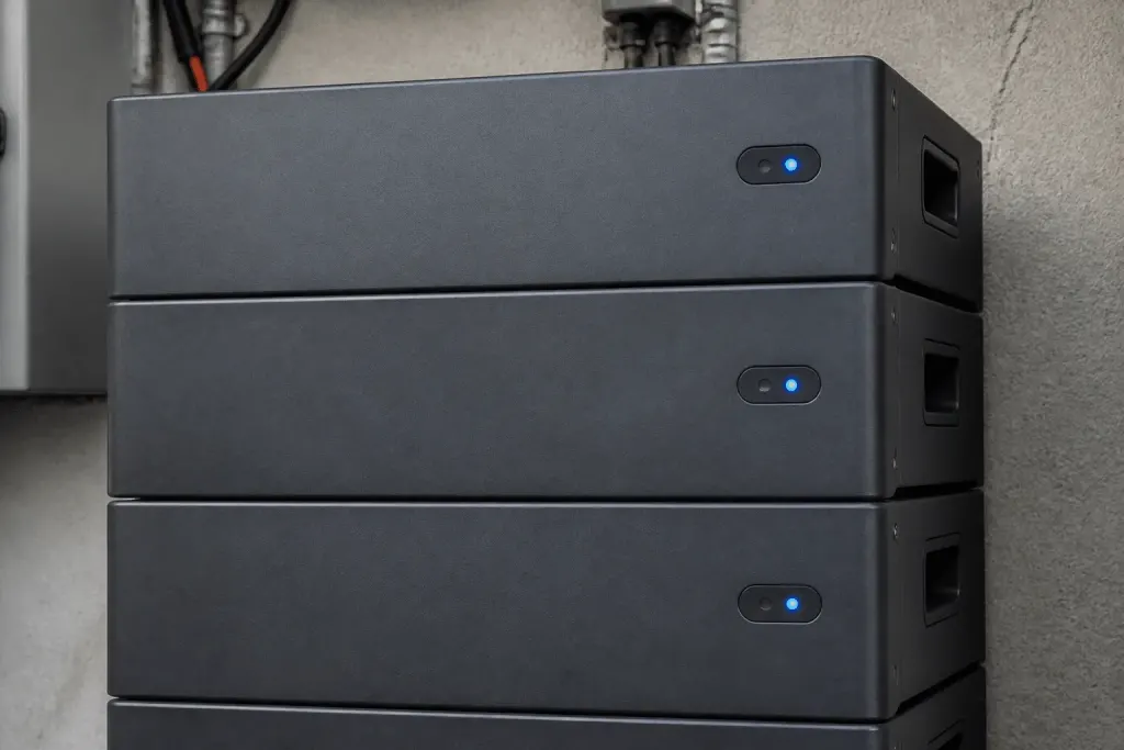 Modules batterie Enphase empiles avec voyants lumineux bleus