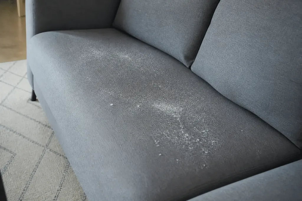 Poudre blanche saupoudree sur canape tissu gris
