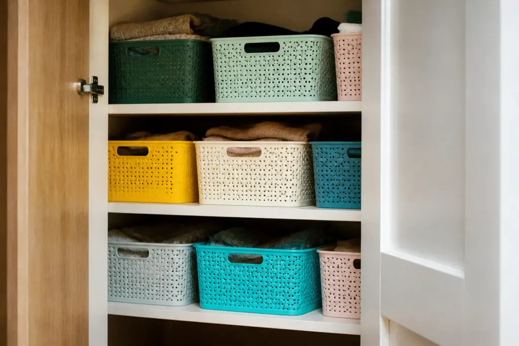 Boites de rangement colorees organisees dans une armoire
