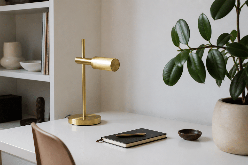 Espace de travail minimaliste avec bureau blanc, lampe laiton dore