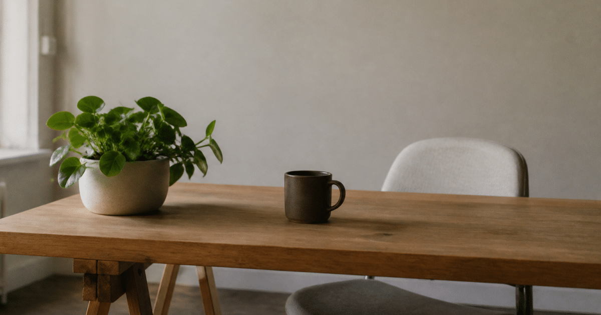 Bureau minimaliste avec plante verte posee sur le plateau