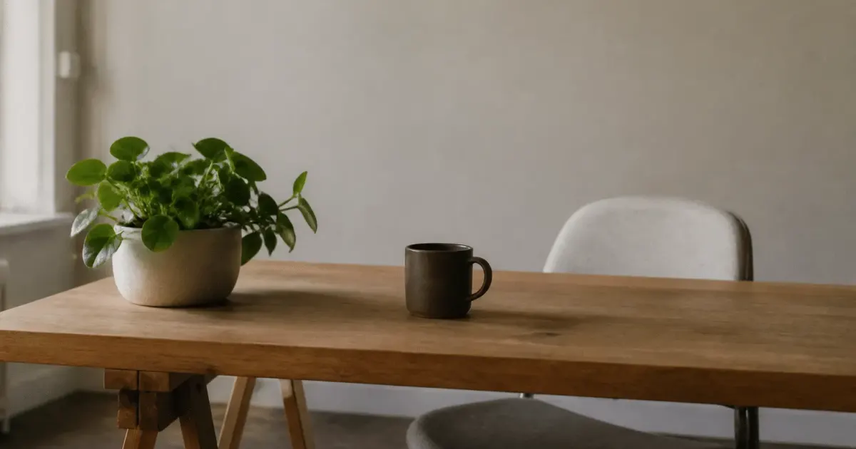 Bureau minimaliste avec plante verte posee sur le plateau