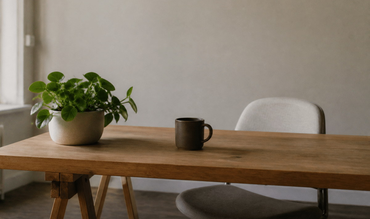 Bureau minimaliste avec plante verte posee sur le plateau