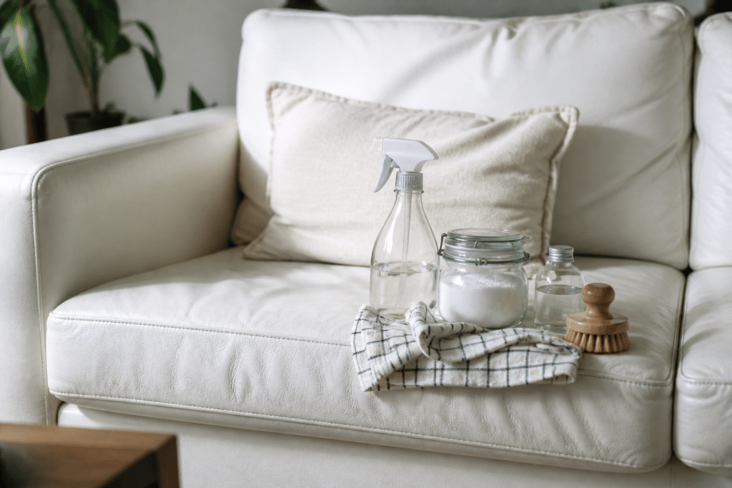 Canapé cuir blanc avec produits nettoyants naturels