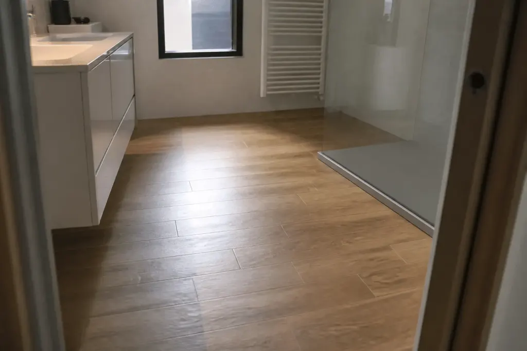 Carrelage rectangulaire 20x120 imitant parquet bois salle bains