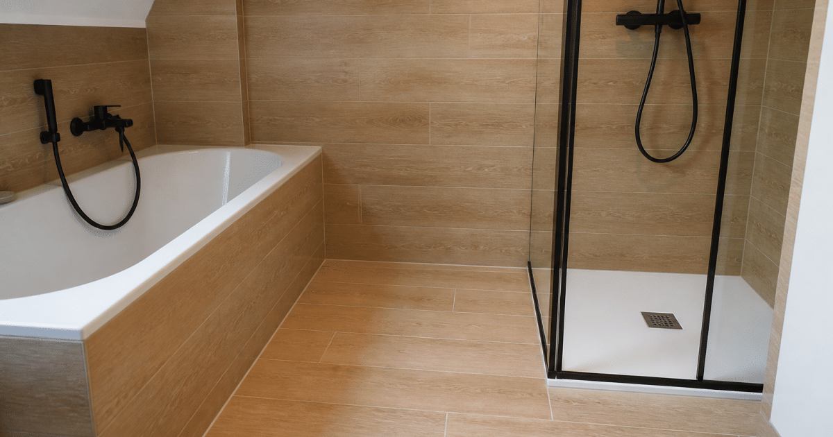 Carrelage rectangulaire brun clair imitant bois salle bains