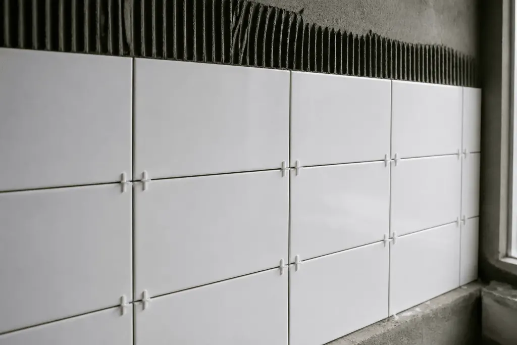 Carrelage mural avec joints espacés régulièrement et croisillons visibles