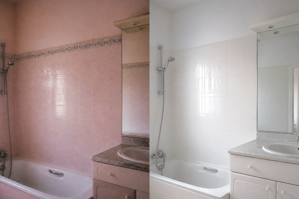 Carrelage mural salle bain avant apres peinture blanche