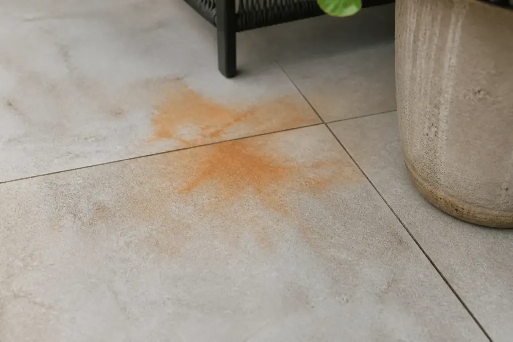 Carrelage terrasse avec traces orangees d'oxydation metallique