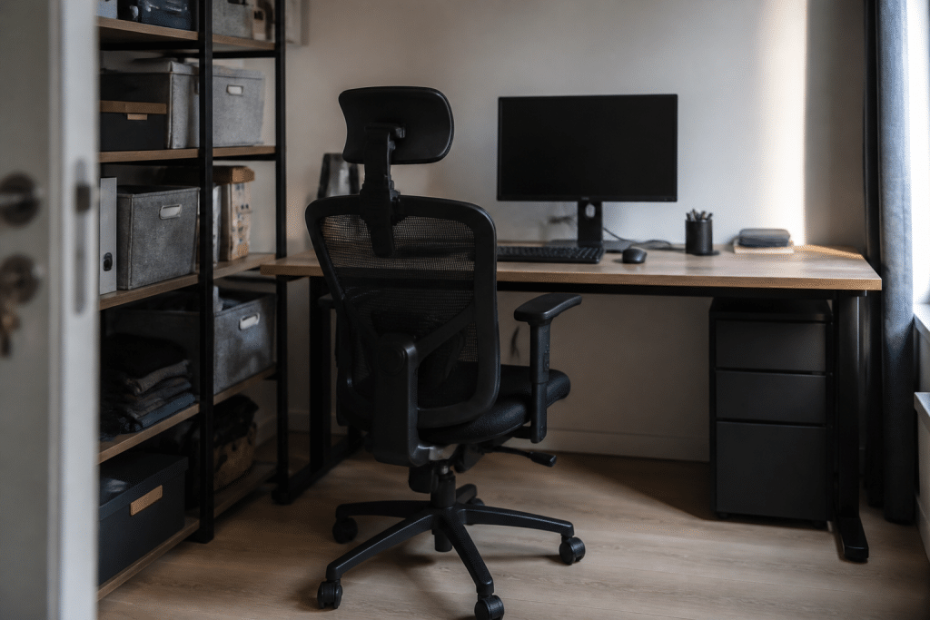 Chaise ergonomique noire face bureau rangement etageres