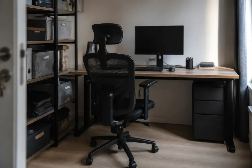 Chaise ergonomique noire face bureau rangement etageres