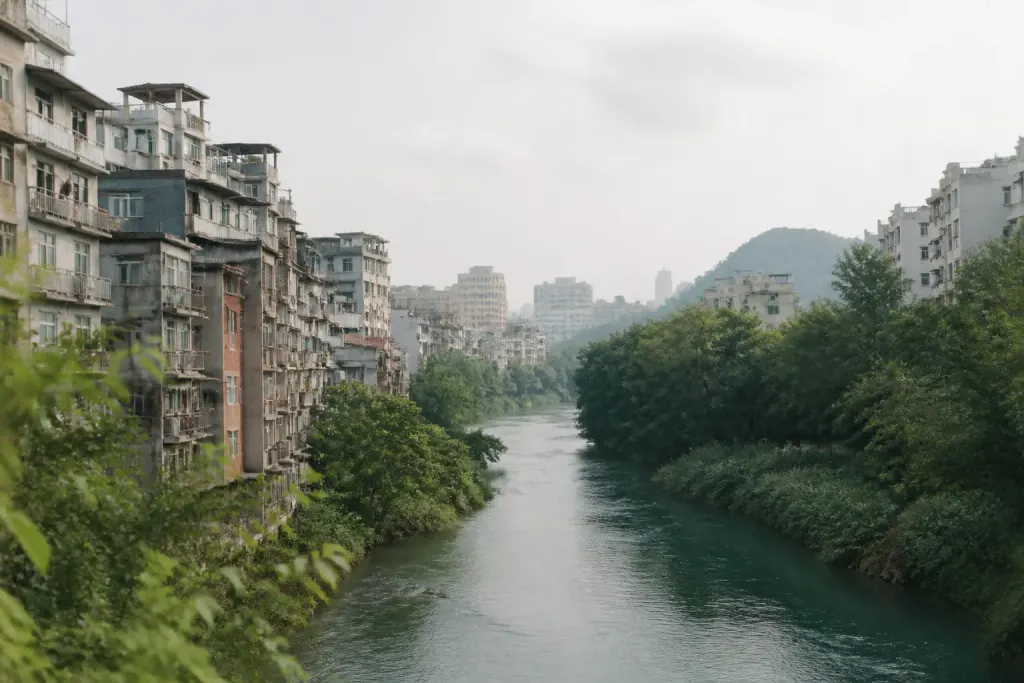 Immeubles denses centre-ville avec rivière verdoyante traversant quartiers espacés