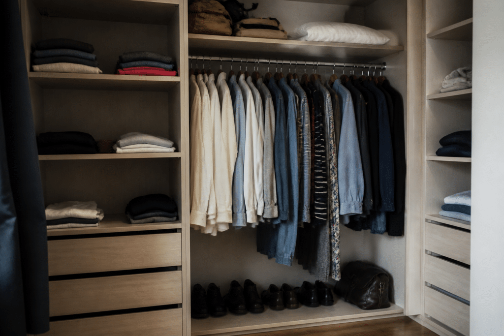 Penderie organisee avec cintres vetements etageres tiroirs