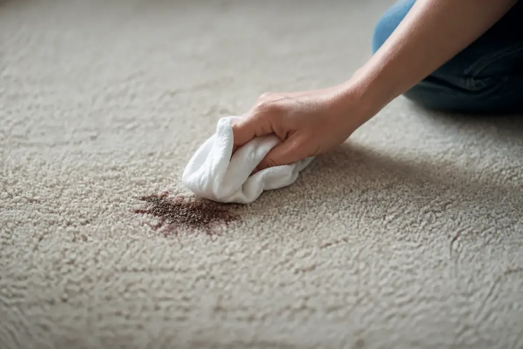 Chiffon blanc tamponnant une tache liquide sur tapis