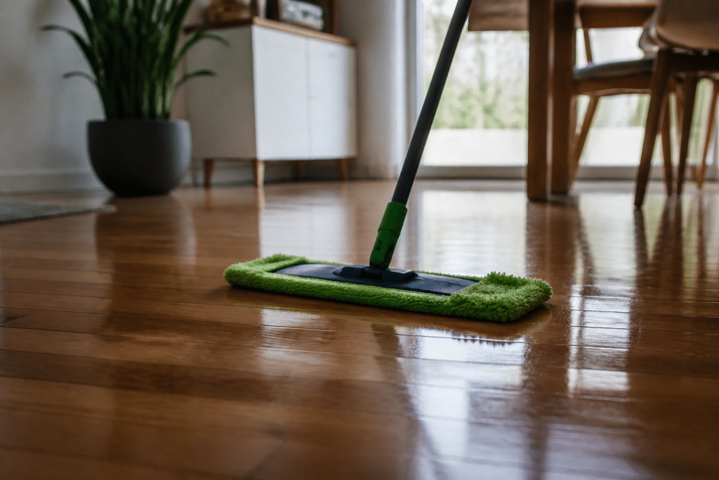 Balai microfibre nettoyant un plancher en bois brillant