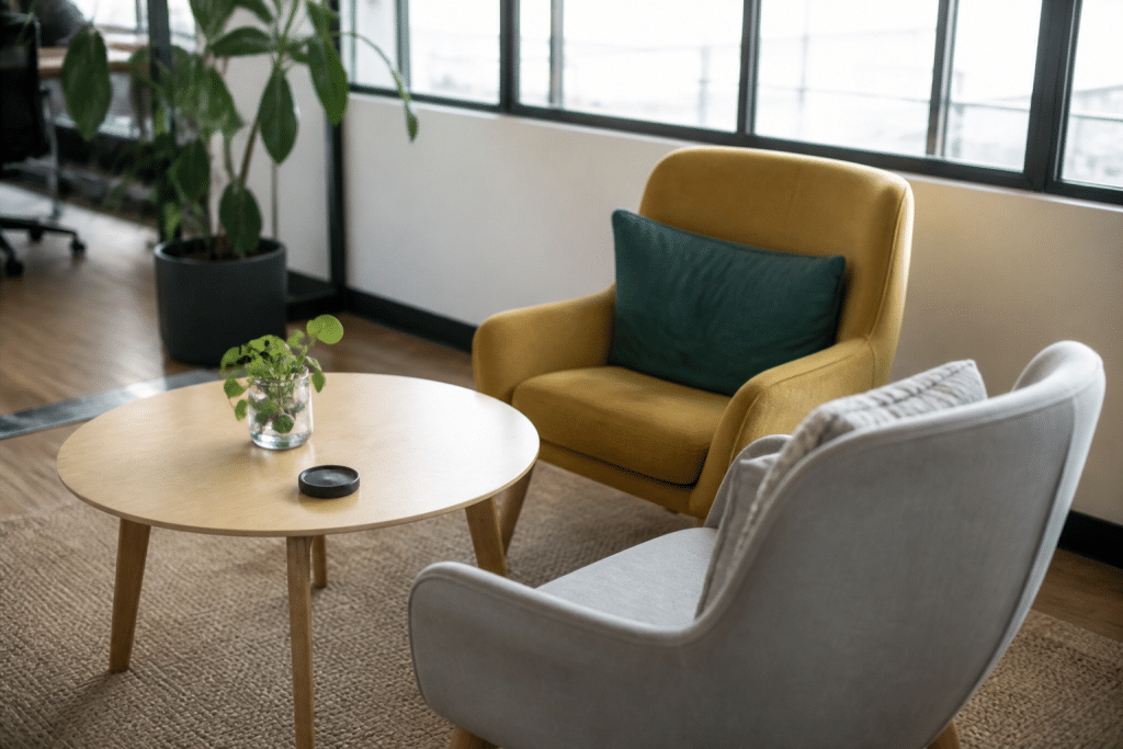 Fauteuils confortables et table basse en espace detente
