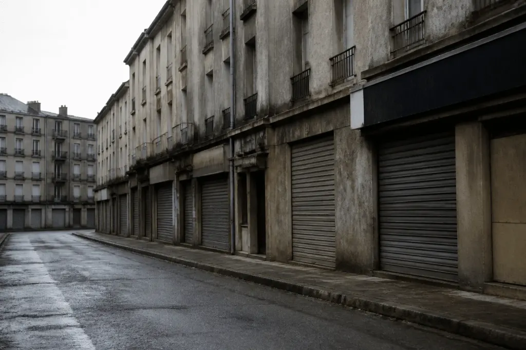 Immeubles gris délabrés avec commerces fermés et rues vides.