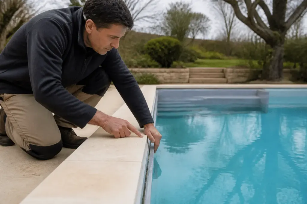 Technicien inspectant joints piscine avec niveau eau