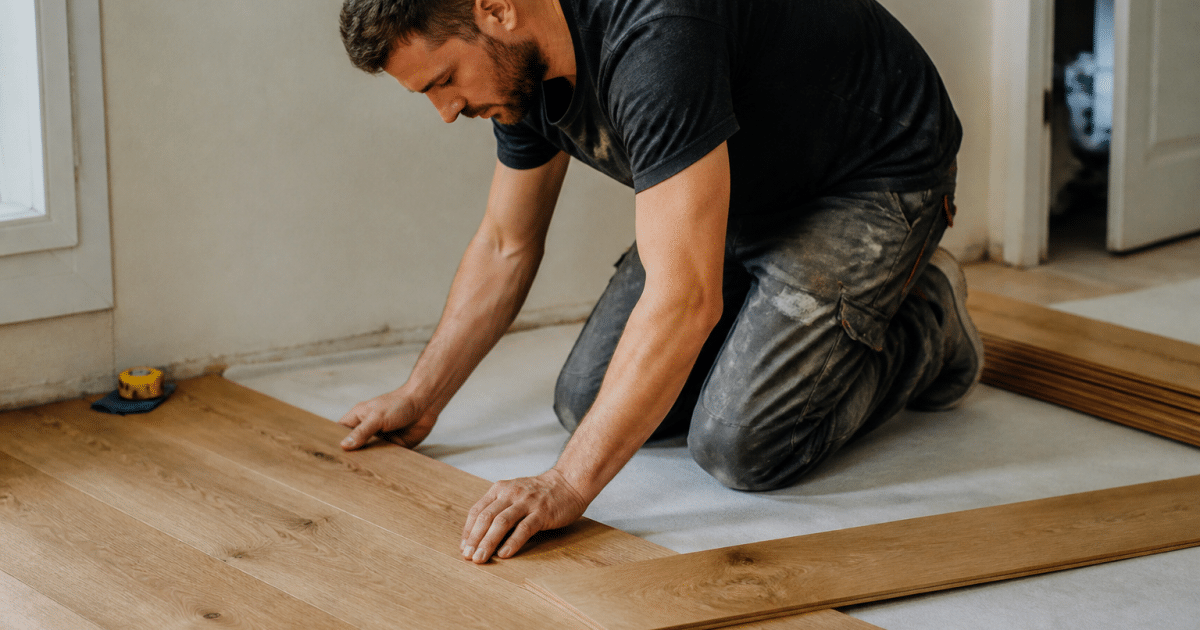 Ouvrier installant lames de bois sur sol interieur