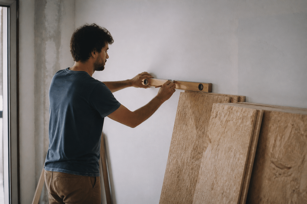 Mesure murale avec niveau et panneaux bois empilés