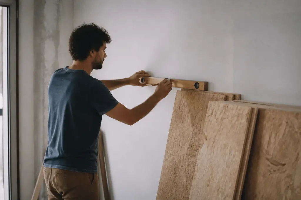 Mesure murale avec niveau et panneaux bois empilés