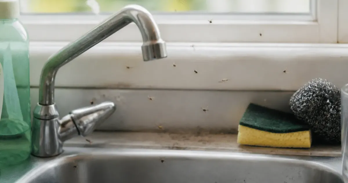 Petits insectes noirs volant au-dessus evier cuisine