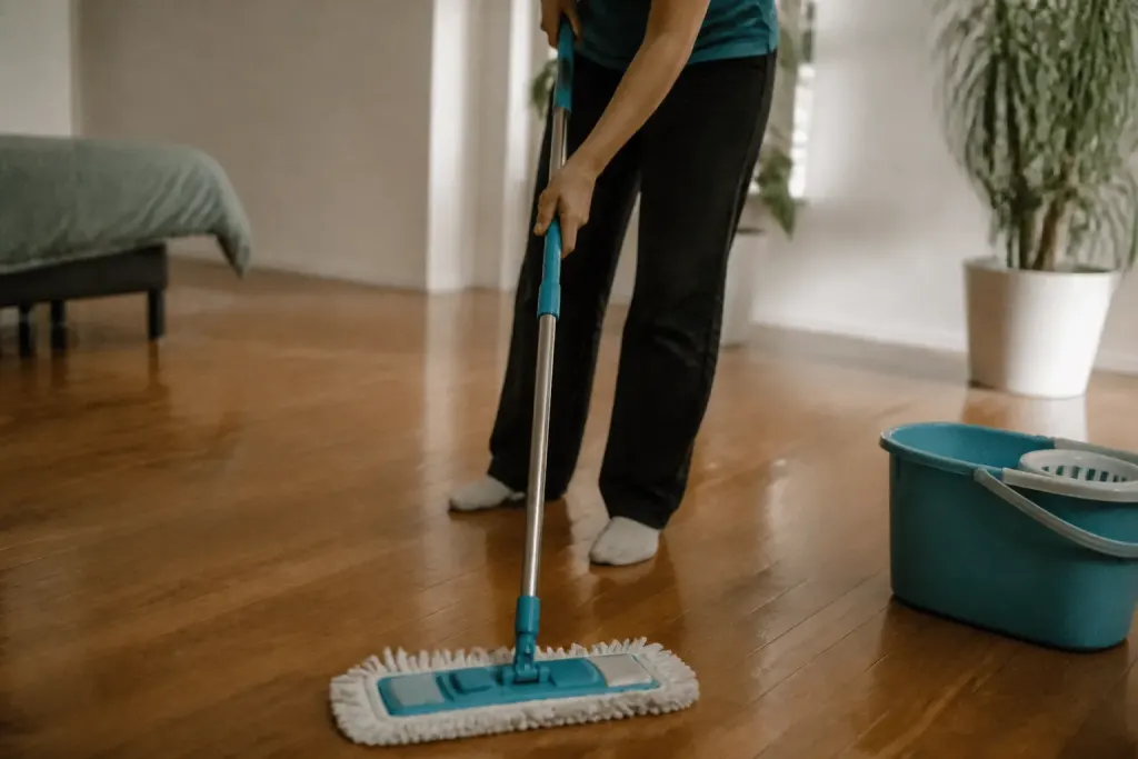 Personne appliquant produit nettoyant sur parquet brillant avec serpillere