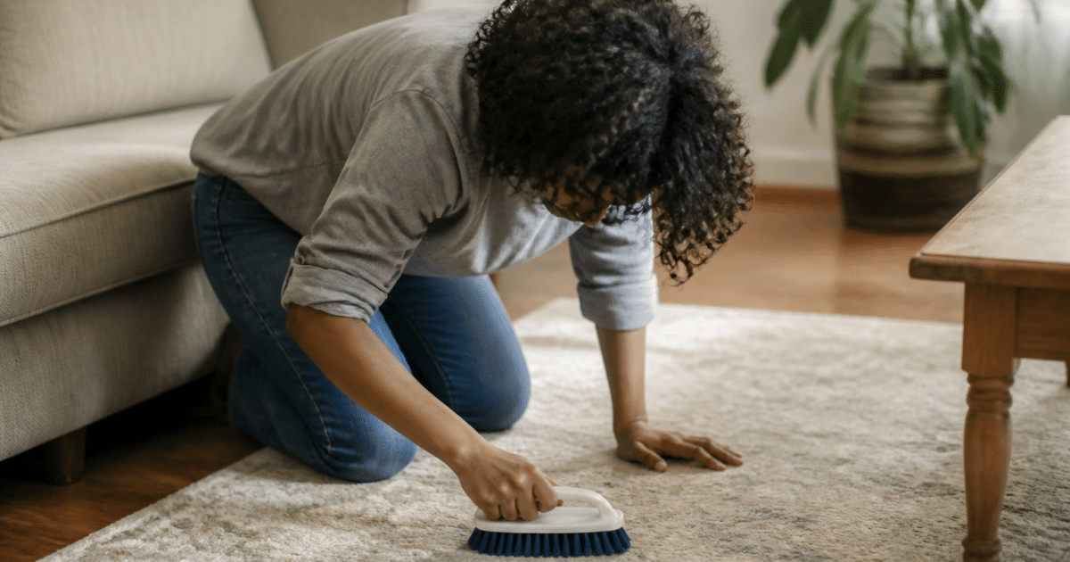 Personne recourvee nettoyant tapis salon avec brosse horizontale