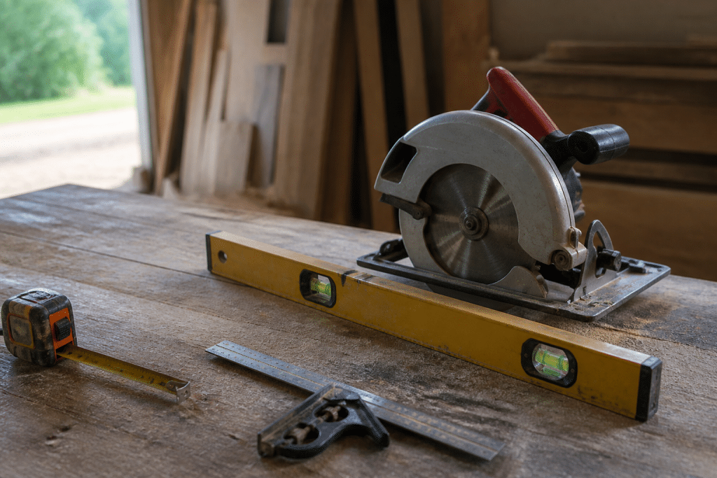 Scie circulaire, niveau et outils de mesure sur établi
