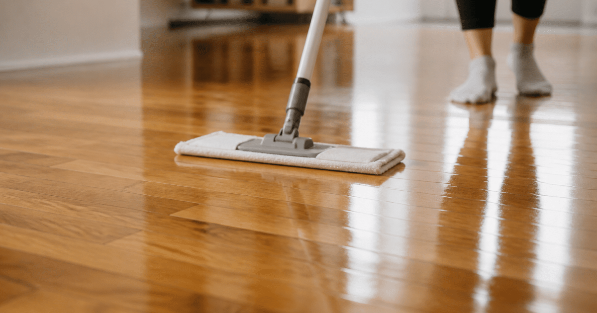 Main tenant serpillere humide sur parquet brillant sans traces