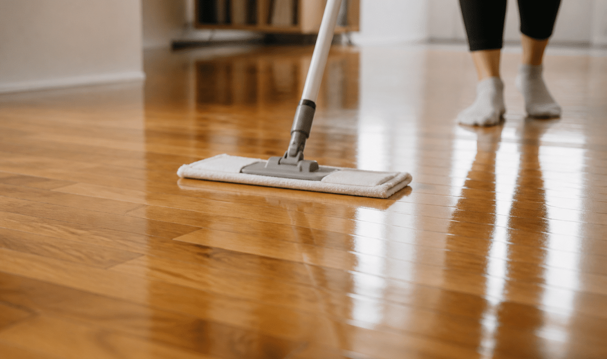 Main tenant serpillere humide sur parquet brillant sans traces