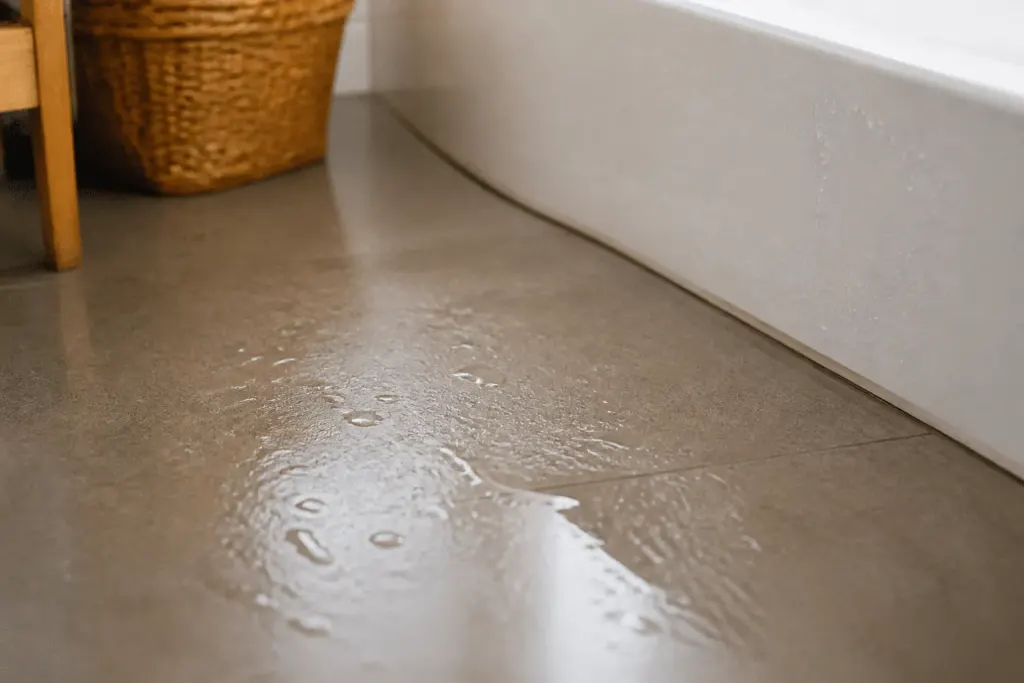 Plancher humide près baignoire avec gouttes eau visibles