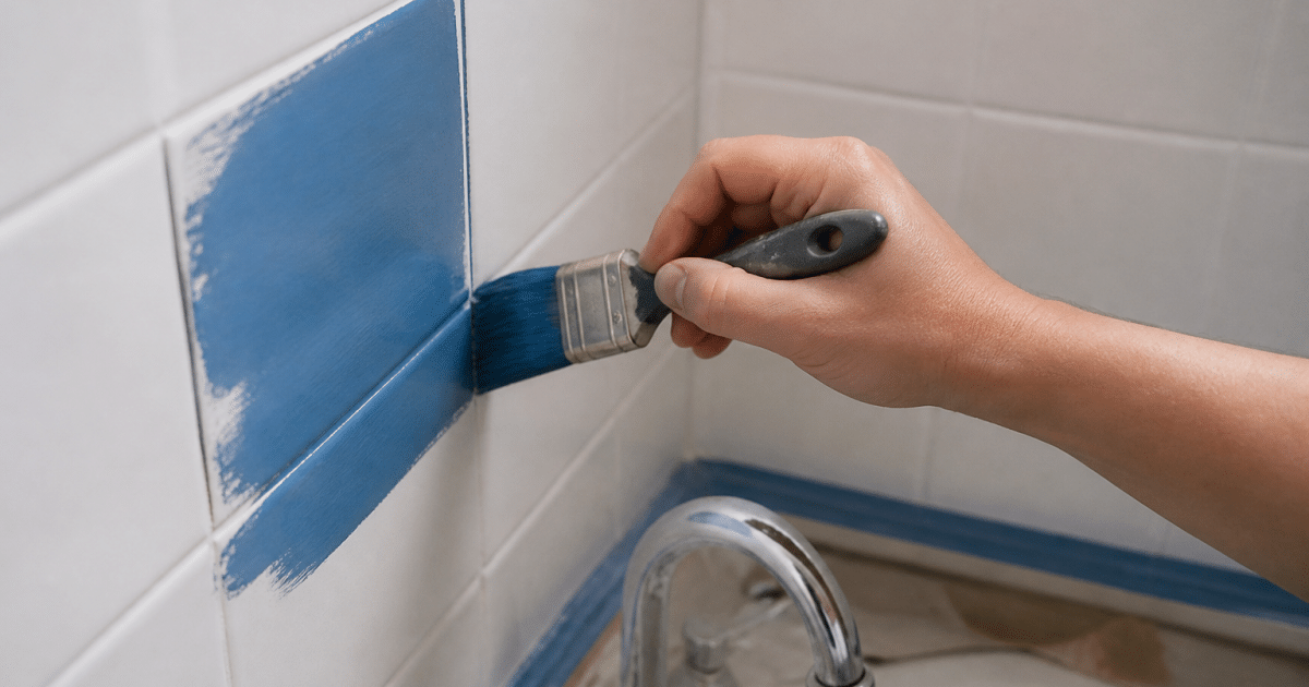Pinceau appliquant couleur vive sur carreaux blancs salle bain