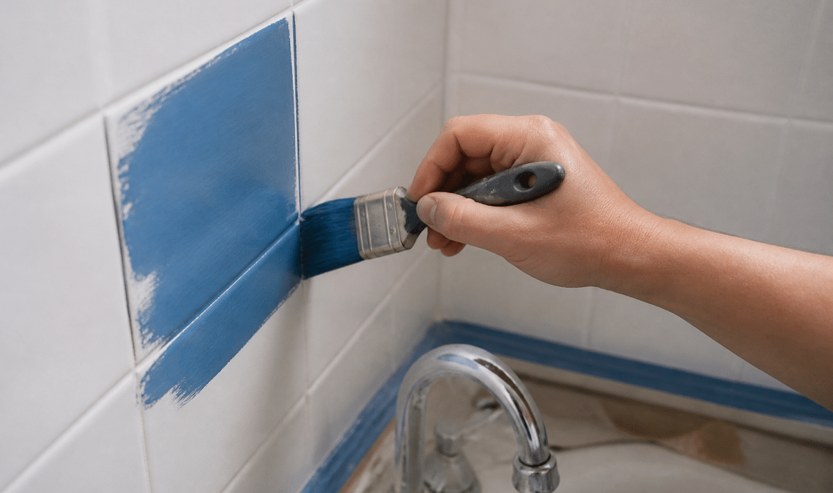 Pinceau appliquant couleur vive sur carreaux blancs salle bain