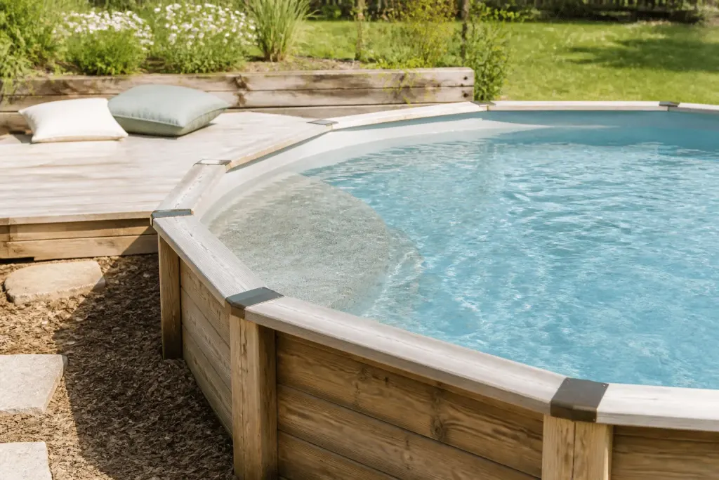 Piscine hors sol avec plage immergee bois renforce