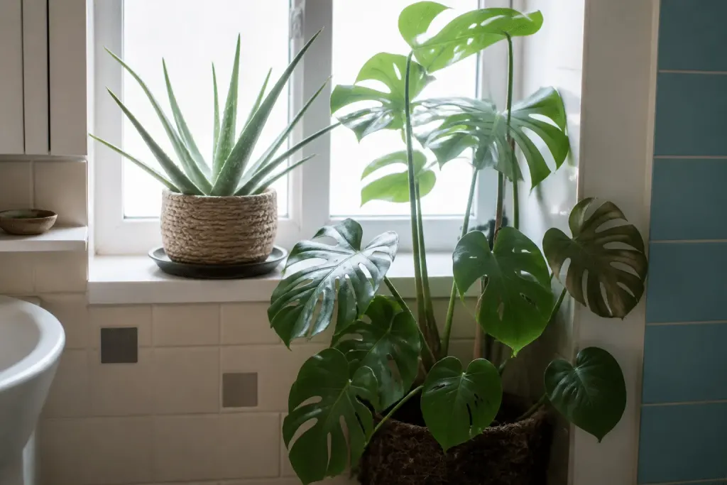 Monstera et aloe vera devant fenetre lumineuse salle bain