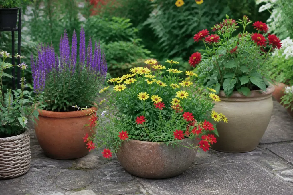 Plantes vivaces et annuelles dans pots ensoleilles jardin