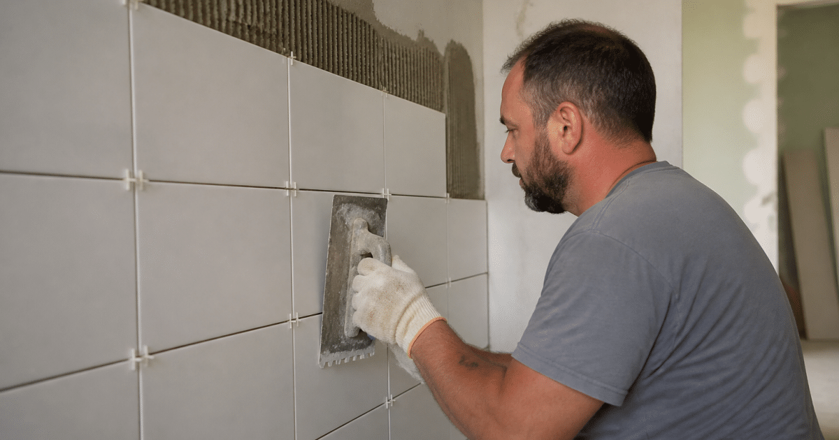 Ouvrier appliquant carrelage blanc sur mur vertical avec spatule