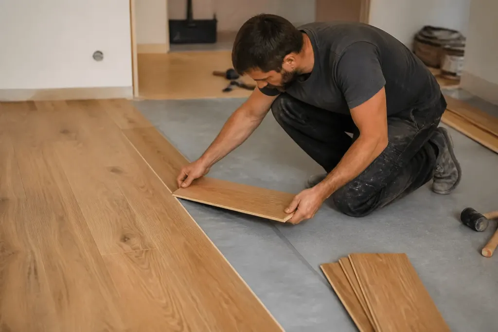 Ouvrier posant lames bois flottant sur sous-couche grise