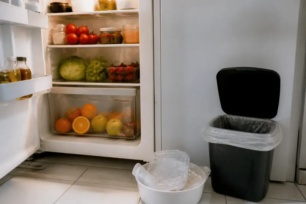 Fruits au refrigerateur, poubelle videe, emballages rinces quotidiennement