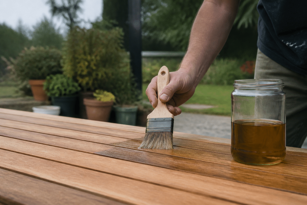 Applicateur versant huile protectrice sur planches bois naturel