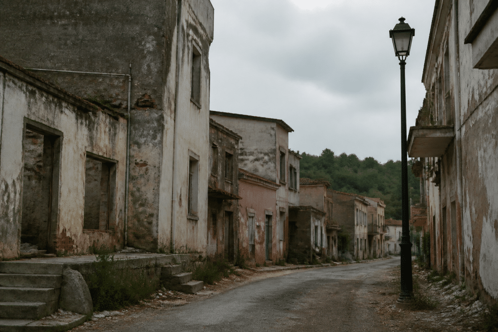 Rue degradee avec lampadaire eteint et batiments negliges